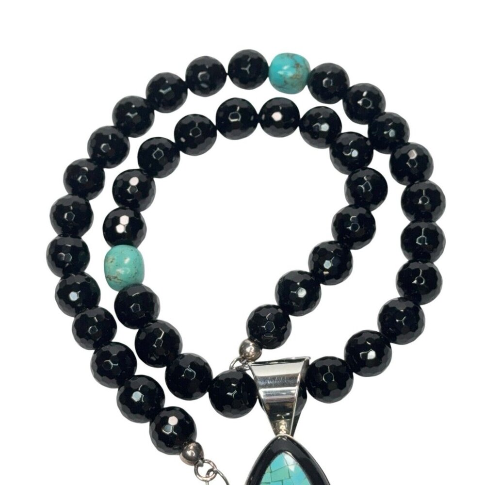 Jay King Black Chalcedony & Turquoise Necklace Mosaic Pendant Sterling Silver - Picture 3 of 11